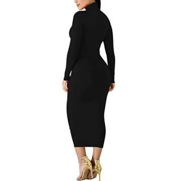 BORIFLORS Women's Sexy Basic Long Sleeve Turtleneck Bodycon Party Long Pencil Dress,Large,Black