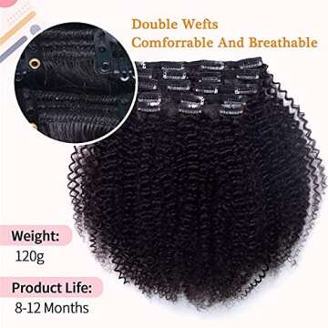 Vanalia Afro Kinky Curly Clip in Hair Extensions for Black Women, 9A Brazilian Remy Human Hair 3C 4A Hair Clip Ins Natural Black Color, Double Lace Wefts, 120 Gram 12Inch