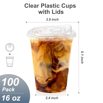 Durable 16 oz Clear Plastic Cups with Lids - 100 Pack