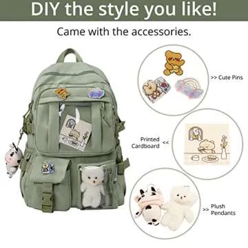 AoMoon Kawaii Backpack Lovely Pastel Rucksack for Teen Girls Aesthetic Student Bookbags with Kawaii Pin and Cute Accessories (Green-C)