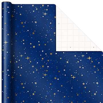 Hallmark Christmas Wrapping Paper Rolls - Navy Blue and Gold Stars, Snowflakes, Winter Galaxy Gift Wrap Paper (3 Rolls: 120 sq. ft. ttl.) for Holiday Parties, Hanukkah, Winter Weddings