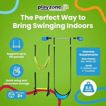 Playzone-fit Kidtrix Deluxe Doorway Swing Kit - Fun Doorway Swing for Kids - Includes Indoor Sensory Swing - Weight Limit 150 lbs. - Recommended Ages 3+