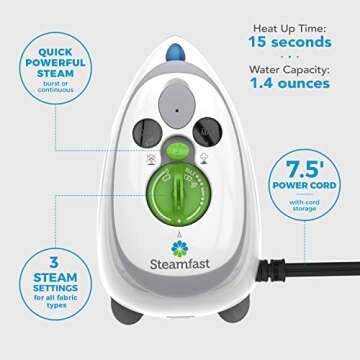 Steamfast SF-720 Mini Travel Steam Iron with Dual Voltage, Travel Bag, Non-Stick Soleplate, Anti-Slip Handle, Rapid Heating, 420W Power White