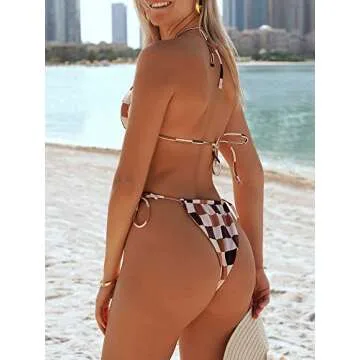 ZAFUL Triangle Bikini for Women 2 Piece Halter Bikini Sets Sexy High Cut Bathing Suit Side Tie Swimsuits Coffee Plaid M