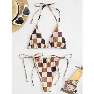 ZAFUL Triangle Bikini for Women 2 Piece Halter Bikini Sets Sexy High Cut Bathing Suit Side Tie Swimsuits Coffee Plaid M