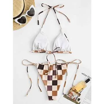 ZAFUL Triangle Bikini for Women 2 Piece Halter Bikini Sets Sexy High Cut Bathing Suit Side Tie Swimsuits Coffee Plaid M