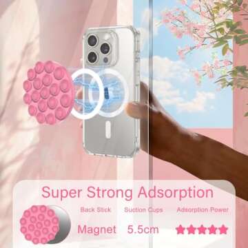 omee Magnetic Suction Cup Phone Mount - Anti Slip Hands Free Silicone Suction Phone Grip Compatible with iPhone MagSafe Phone Case Series, Mirror Shower Holder for Selfies and Tiktok Videos (Pink)