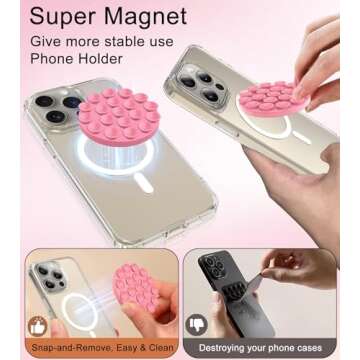omee Magnetic Suction Cup Phone Mount - Anti Slip Hands Free Silicone Suction Phone Grip Compatible with iPhone MagSafe Phone Case Series, Mirror Shower Holder for Selfies and Tiktok Videos (Pink)