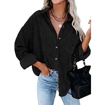 Astylish Womens Corduroy Shirts Button Down V Neck Long Sleeve Blouse Casual Roll Up Cuffed Tops wit...