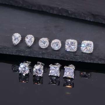 FASACCO 925 Sterling Silver Stud Earrings Large CZ Stud Earrings Fake Diamond Stud Earrings Silver Studs Set Cubic Zirconia Stud Earrings