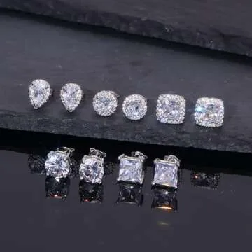FASACCO 925 Sterling Silver Stud Earrings Large CZ Stud Earrings Fake Diamond Stud Earrings Silver Studs Set Cubic Zirconia Stud Earrings