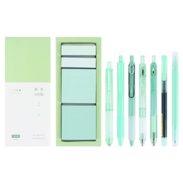 8pcs Book Annotation Kit, Green Sticky Notes Set, Marker Pen, Retractable Quick Dry Black Ink Fine P...