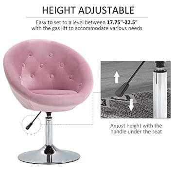 HOMCOM Modern Makeup Vanity Chair Round Tufted Swivel Accent Chair with Chrome Frame Height Adjustable for Living Room, Bedroom Pink