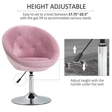 HOMCOM Modern Makeup Vanity Chair Round Tufted Swivel Accent Chair with Chrome Frame Height Adjustable for Living Room, Bedroom Pink