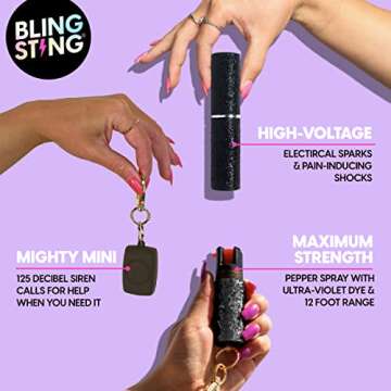 BLINGSTING Pepper Spray, Mini Stun Gun, & Alarm 3-in-1 Safety Kit - Professional Grade, Maximum Strength, High Voltage, Rechargeable Self-Defense for Women, Black Soft Touch