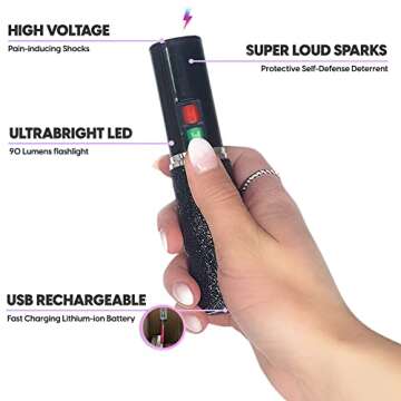 BLINGSTING Pepper Spray, Mini Stun Gun, & Alarm 3-in-1 Safety Kit - Professional Grade, Maximum Strength, High Voltage, Rechargeable Self-Defense for Women, Black Soft Touch