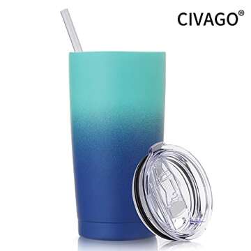CIVAGO 20oz Insulated Stainless Steel Tumbler, Coffee Tumbler with Lid and Straw, Double Wall Vacuum Travel Coffee Mug, Powder Coated Leak-Proof Tumbler Cup for Home Office Travel (Blue Waves,1)