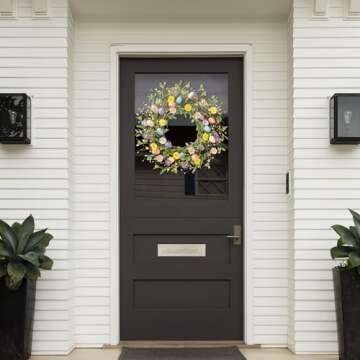 Sggvecsy 20 Inch Easter Wreath with Colorful Eggs and Flowers for Seasonal Decor