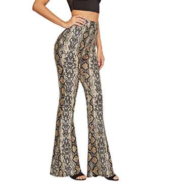 WDIRARA Women's Casual Snakeskin Print Mid Waist Long Pants Stretchy Flare Trousers S Light Brown