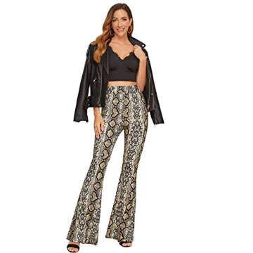 WDIRARA Women's Casual Snakeskin Print Mid Waist Long Pants Stretchy Flare Trousers S Light Brown