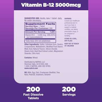 Natrol Vitamin B12 5,000 mcg, Fast Dissolve Vitamin B12 Supplement Supports a Healthy Nervous System and Energy Metabolism, 200 Tablets, Up to a 200 Day Supply