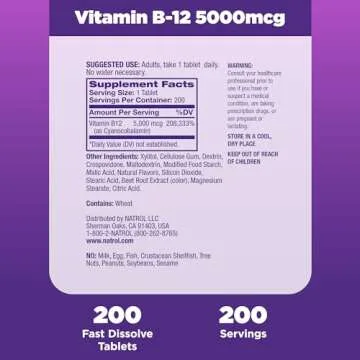 Natrol Vitamin B12 5,000 mcg, Fast Dissolve Vitamin B12 Supplement Supports a Healthy Nervous System and Energy Metabolism, 200 Tablets, Up to a 200 Day Supply