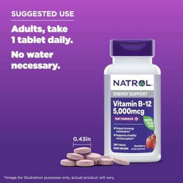 Natrol Vitamin B12 5,000 mcg, Fast Dissolve Vitamin B12 Supplement Supports a Healthy Nervous System and Energy Metabolism, 200 Tablets, Up to a 200 Day Supply