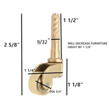 Set of 4 Solid Brass Stem Caster Heavy Duty & Safe for All Floors Perfect Replacement for Floor Mat Polished Lacquered Finish Caster Wheels for Chairs/Tables/Furniture