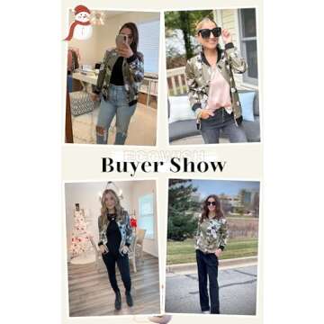 ECOWISH Women's Casual Floral Zip Up Inspired Bomber Jacket Leopard Coat Stand Collar Lightweight Short Outwear Tops 333 Army Green Large