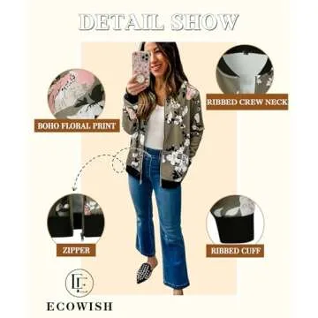 ECOWISH Women's Casual Floral Zip Up Inspired Bomber Jacket Leopard Coat Stand Collar Lightweight Short Outwear Tops 333 Army Green Large