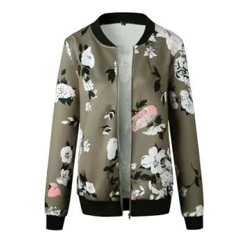ECOWISH Women's Casual Floral Zip Up Inspired Bomber Jacket Leopard Coat Stand Collar Lightweight Short Outwear Tops 333 Army Green Large