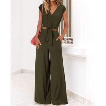 PRETTYGARDEN Women's Summer 2 Piece Outfits 2025 Cap Sleeve V Neck Belted Crop Tops Wide Leg Pant Sets Casual Tracksuit