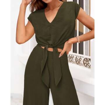 PRETTYGARDEN Women's Summer 2 Piece Outfits 2025 Cap Sleeve V Neck Belted Crop Tops Wide Leg Pant Sets Casual Tracksuit