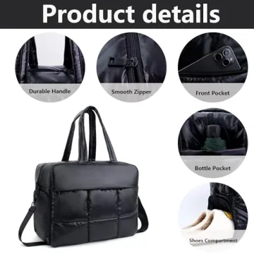ORAD Weekender Fluffy Bag Quilted Nylon Puffer Tote Bag Personal Item Bag for Airlines Overnight Bag Gym Bag