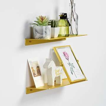 JYL HOME Modern Floating Shelf Wall Mounted Heavy Duty for Living Room Bedroom Bathroom, 23.6 Inch, Gold, 2 Pack