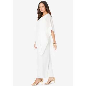 Jessica London Women's Plus Size 2 Piece Pant Set Elastic Waist Pull-On Dress Pants Long Tunic Top - 16 W, White
