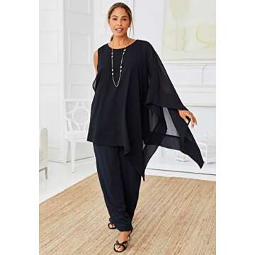 Jessica London Women's Plus Size 2 Piece Pant Set Elastic Waist Pull-On Dress Pants Long Tunic Top - 16 W, White