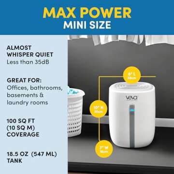 Veva Small Dehumidifiers for Home, Compact, Portable, Quiet Mini Dehumidifier for Bedroom, Basements, Bathroom, Garage, Closet, Dorm, Office for Humidity, Odor Control with Auto Shut-off 100 sqft