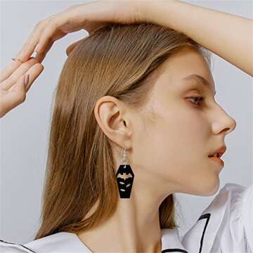 KVANU Unique Handmade Vintage Creative Black Cool Acrylic Bat Coffin Dangle Drop Earrings for Women Statement Animal Halloween Jewelry Gifts (Black)