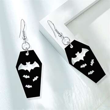 KVANU Unique Handmade Vintage Creative Black Cool Acrylic Bat Coffin Dangle Drop Earrings for Women Statement Animal Halloween Jewelry Gifts (Black)