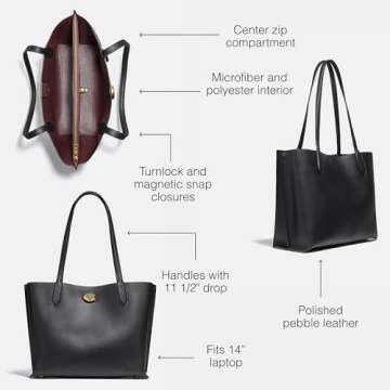 COACH Polished Pebble Leather Willow Tote, Black, One Size