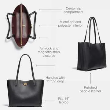COACH Polished Pebble Leather Willow Tote, Black, One Size