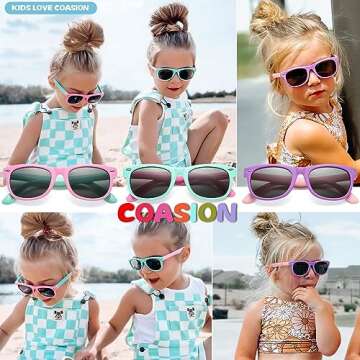 COASION Kids Polarized Sunglasses Set TPEE Rubber Flexible Shades for Girls Boys Age 3-9 Sunglasses 3 Pack (Purple/Grey + Rosepink/Grey + Applegreen/Grey)