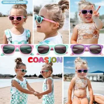 COASION Kids Polarized Sunglasses Set TPEE Rubber Flexible Shades for Girls Boys Age 3-9 Sunglasses 3 Pack (Purple/Grey + Rosepink/Grey + Applegreen/Grey)
