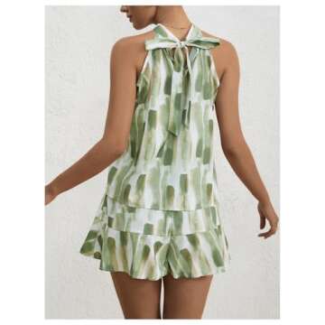Milumia Women Summer Outfits 2 Piece Knot Back Halter Top and Wide Leg Shorts Sets White and Green X-Small