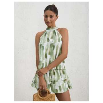 Milumia Women Summer Outfits 2 Piece Knot Back Halter Top and Wide Leg Shorts Sets White and Green X-Small