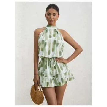 Milumia Women Summer Outfits 2 Piece Knot Back Halter Top and Wide Leg Shorts Sets White and Green X-Small