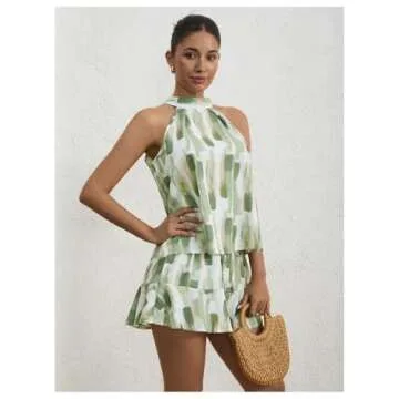 Milumia Women Summer Outfits 2 Piece Knot Back Halter Top and Wide Leg Shorts Sets White and Green X-Small