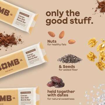 The Bomb Co. Blender Bomb Bar, Cacao Sea Salt, Superfood Snack Bar, Antioxidant Supplement, Almond Butter, Hemp Seeds, Chia Seeds, Flax Seeds, Vegan Chocolate Chips, Cacao Powder, Sea Salt, 9 Bars