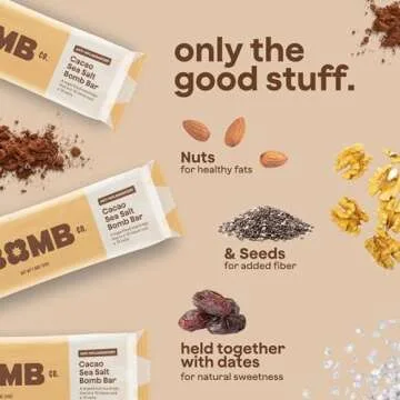 The Bomb Co. Blender Bomb Bar, Cacao Sea Salt, Superfood Snack Bar, Antioxidant Supplement, Almond Butter, Hemp Seeds, Chia Seeds, Flax Seeds, Vegan Chocolate Chips, Cacao Powder, Sea Salt, 9 Bars